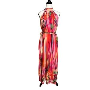 Romeo + Juliet Couture Multicolor Chiffon Halter Top Belted Maxi Dress Size M